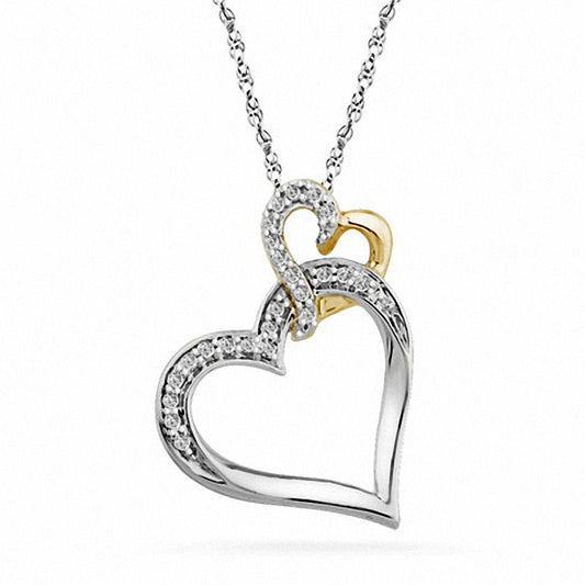 0.1 CT. T.W. Natural Diamond Tilted Double Heart Pendant in Two-Tone Sterling Silver