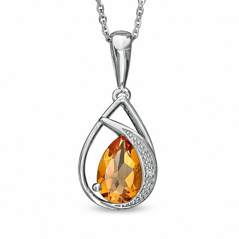 Pear-Shaped Citrine and Natural Diamond Accent Teardrop Pendant in Sterling Silver