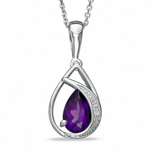 Pear-Shaped Amethyst and Natural Diamond Accent Teardrop Pendant in Sterling Silver