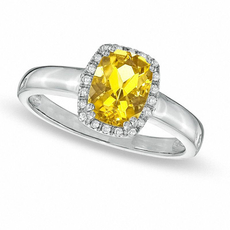 Cushion-Cut Yellow Beryl and Natural Diamond Accent Ring in Solid 14K White Gold