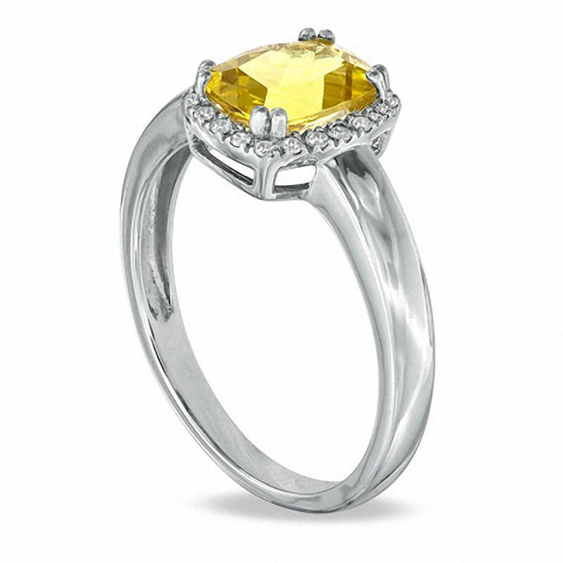 Cushion-Cut Yellow Beryl and Natural Diamond Accent Ring in Solid 14K White Gold