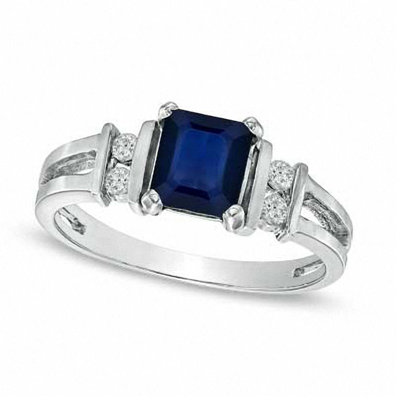 Emerald-Cut Blue Sapphire and 0.10 CT. T.W. Natural Diamond Engagement Ring in Solid 14K White Gold