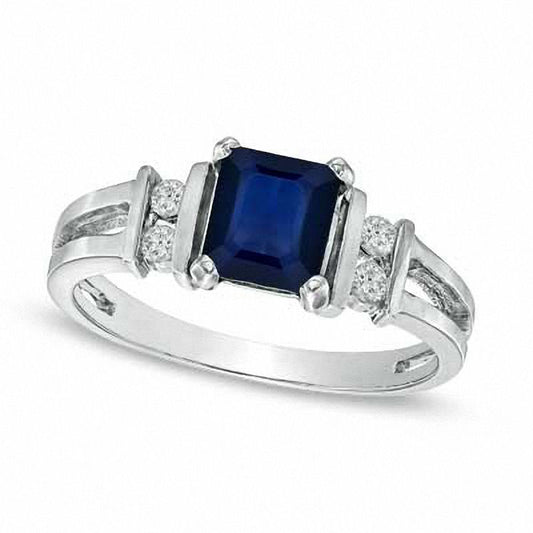 Emerald-Cut Blue Sapphire and 0.10 CT. T.W. Natural Diamond Engagement Ring in Solid 14K White Gold