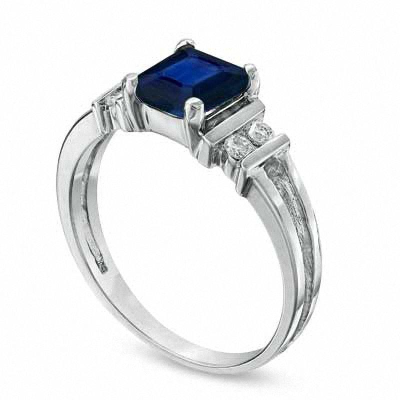 Emerald-Cut Blue Sapphire and 0.10 CT. T.W. Natural Diamond Engagement Ring in Solid 14K White Gold