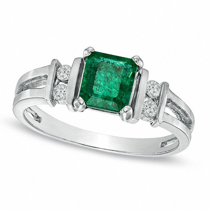 Emerald-Cut Emerald and 0.10 CT. T.W. Natural Diamond Engagement Ring in Solid 14K White Gold