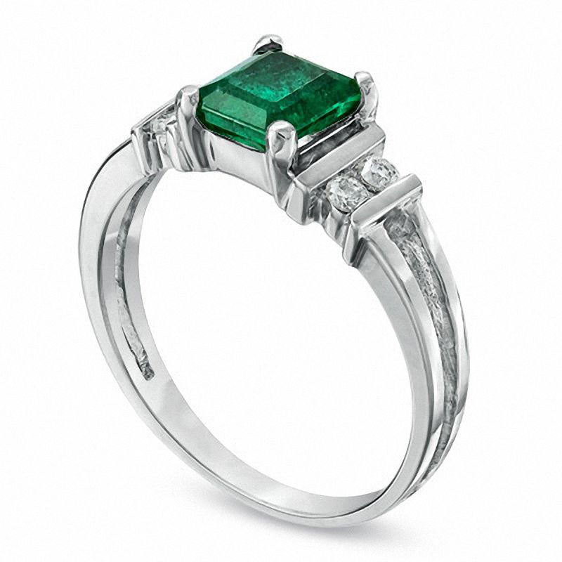 Emerald-Cut Emerald and 0.10 CT. T.W. Natural Diamond Engagement Ring in Solid 14K White Gold