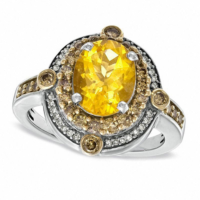 Oval Citrine and 0.75 CT. T.W. Enhanced Champagne and White Natural Diamond Ring in Sterling Silver