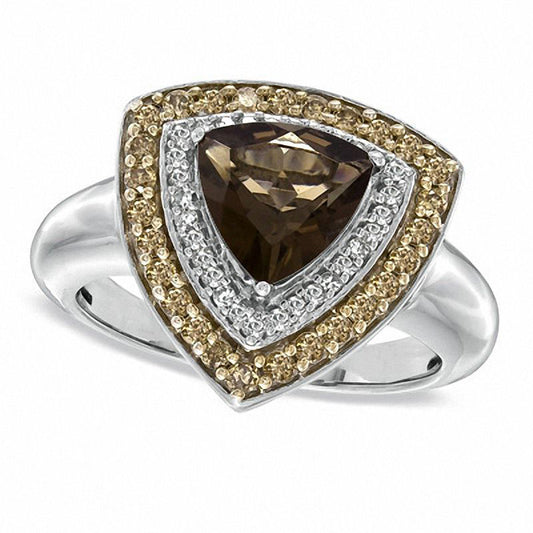 Trillion-Cut Smoky Quartz and 0.50 CT. T.W. Enhanced Champagne and White Natural Diamond Ring in Sterling Silver