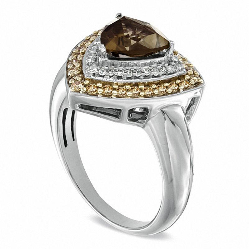 Trillion-Cut Smoky Quartz and 0.50 CT. T.W. Enhanced Champagne and White Natural Diamond Ring in Sterling Silver