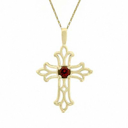 Garnet Birthstone Cross Pendant in 10K Yellow Gold