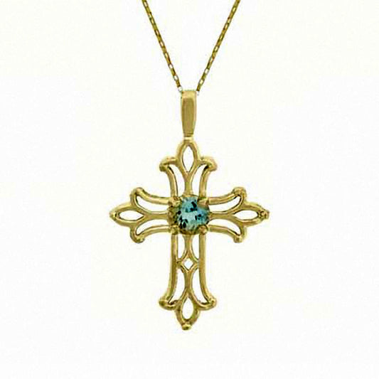 Aquamarine Birthstone Cross Pendant in 10K Yellow Gold