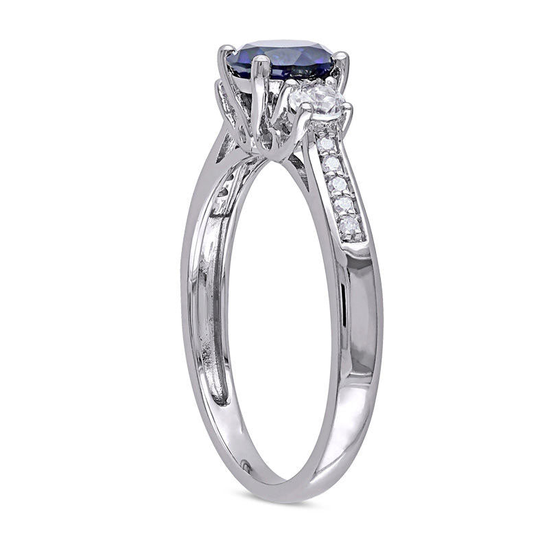 6.0mm Lab-Created Blue and White Sapphire Three Stone Engagement Ring in Solid 10K White Gold with Diamond Accents