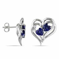 Lab-Created Heart-Shaped Blue Sapphire and Diamond Accent Double Heart Earrings in Sterling Silver