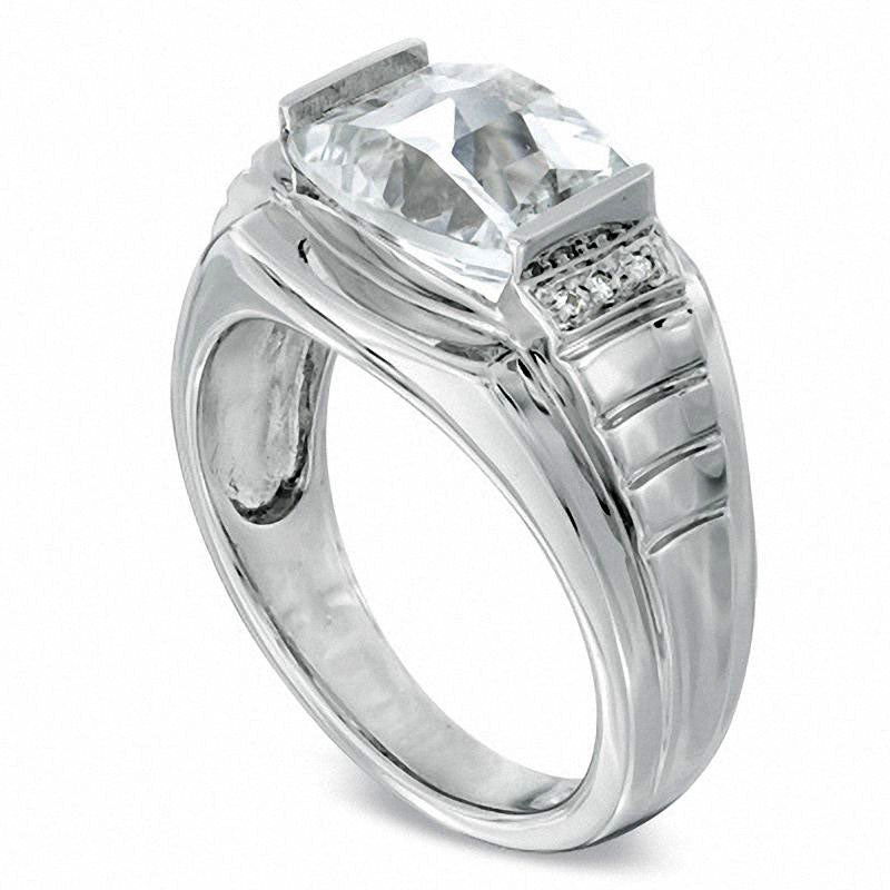 Men's Barrel-Cut White Topaz and Natural Diamond Accent Ring in Sterling Silver