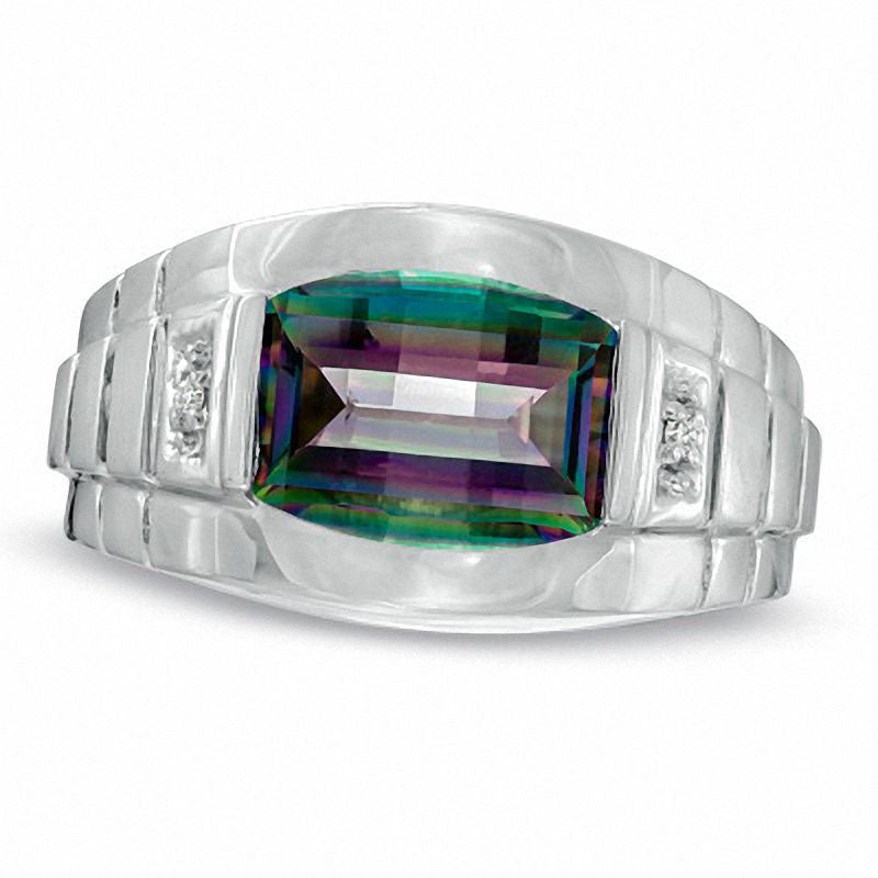 Men's Barrel-Cut Mystic Fire® Topaz and Natural Diamond Accent Ring in Solid 10K White Gold