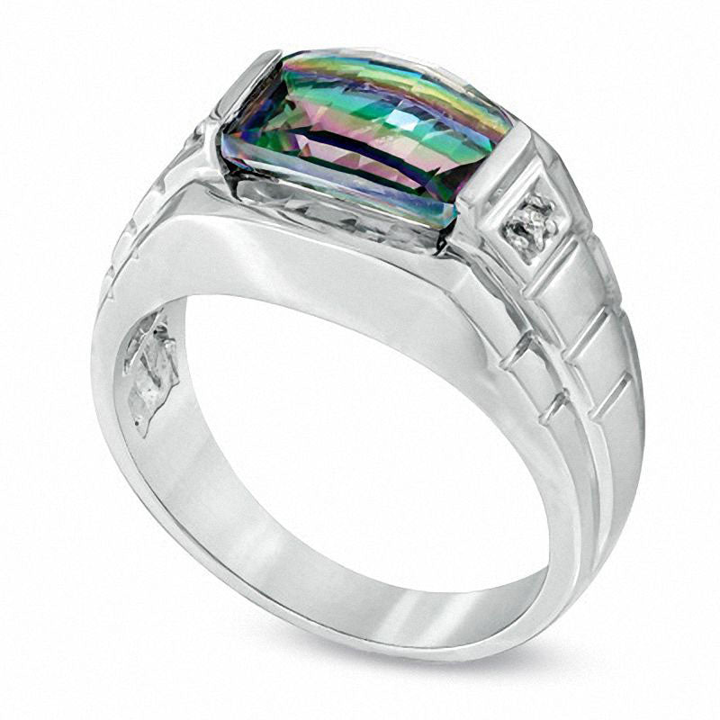 Men's Barrel-Cut Mystic Fire® Topaz and Natural Diamond Accent Ring in Solid 10K White Gold