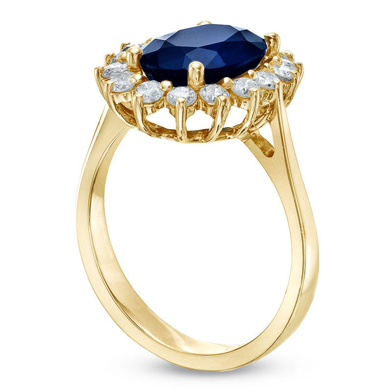 Oval Blue Sapphire and 0.50 CT. T.W. Natural Diamond Frame Engagement Ring in Solid 14K Gold