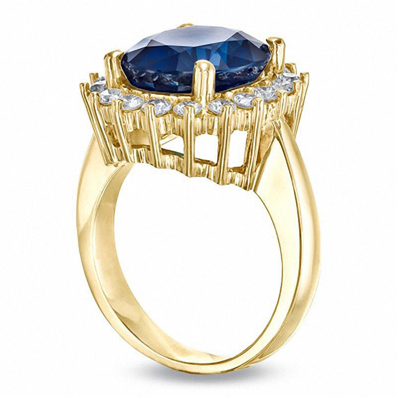 Oval Blue Sapphire and 0.63 CT. T.W. Natural Diamond Frame Engagement Ring in Solid 14K Gold