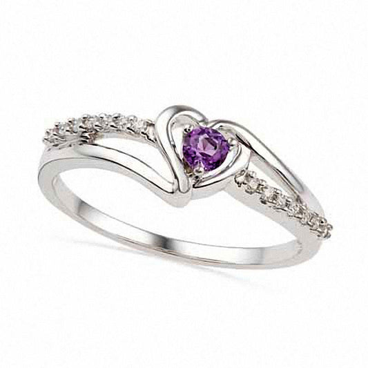 Amethyst and Natural Diamond Accent Heart Promise Ring in Sterling Silver