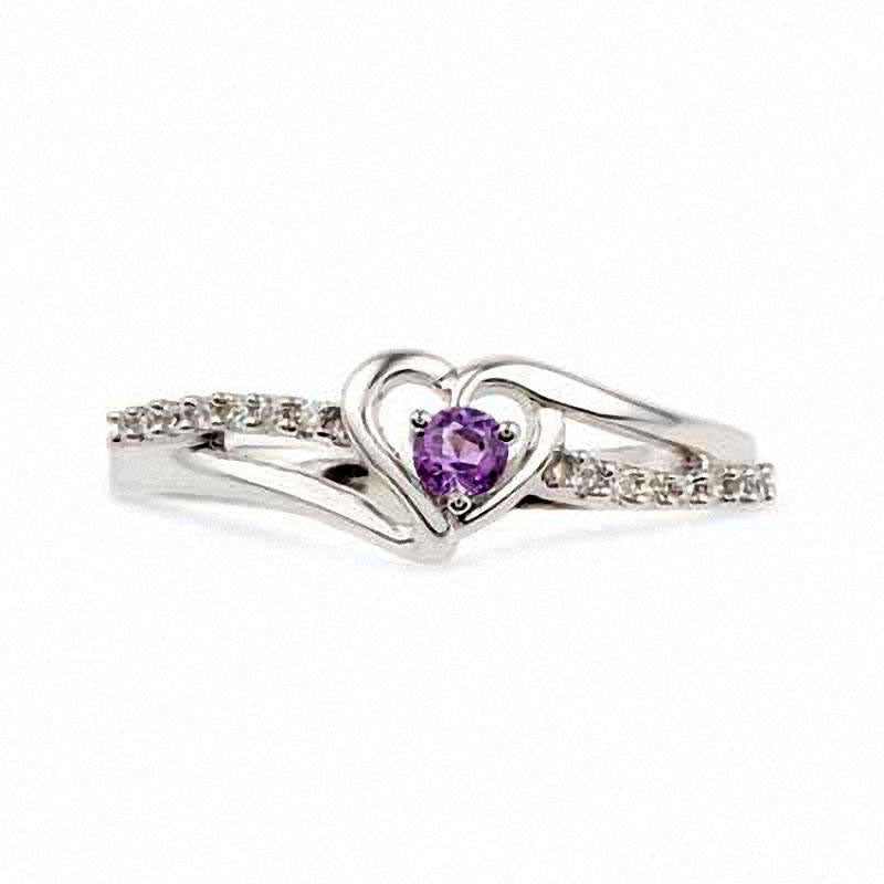 Amethyst and Natural Diamond Accent Heart Promise Ring in Sterling Silver