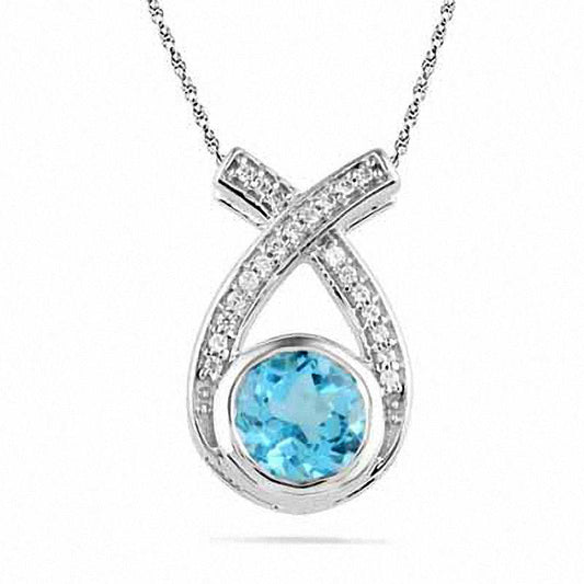 6.0mm Blue Topaz and 0.1 CT. T.W. Natural Diamond Pendant in Sterling Silver