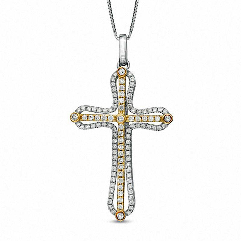 0.33 CT. T.W. Natural Diamond Frame Cross Pendant in 10K Two-Tone Gold