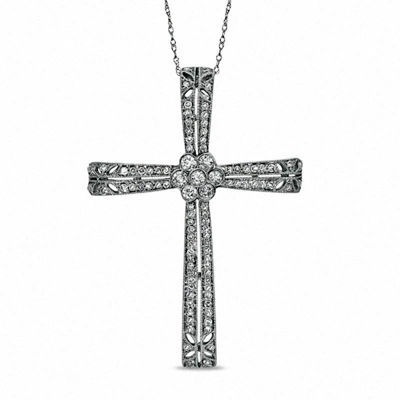 0.63 CT. T.W. Natural Diamond Antique Vintage-Style Cross Pendant in 10K White Gold