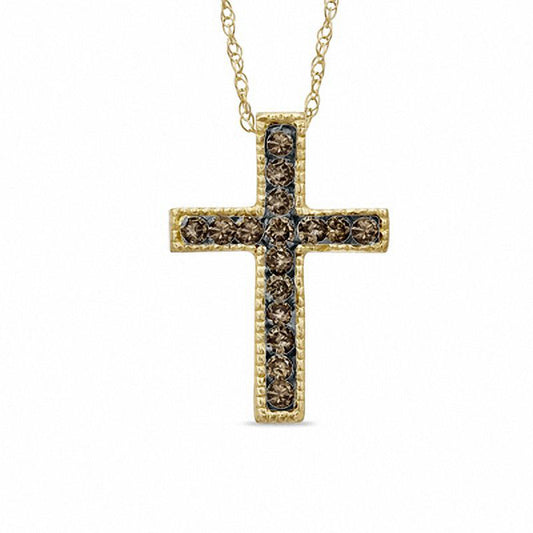 0.13 CT. T.W. Champagne Natural Diamond Cross Pendant in 10K Yellow Gold