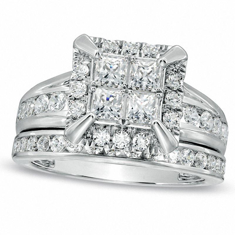 2.0 CT. T.W. Quad Princess-Cut Natural Diamond Frame Bridal Engagement Ring Set in Solid 14K White Gold