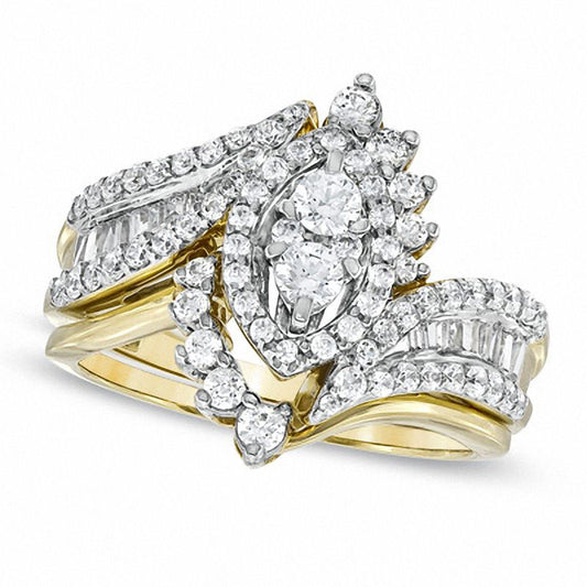 1.0 CT. T.W. Natural Diamond Marquise Cluster Bridal Engagement Ring Set in Solid 14K Gold