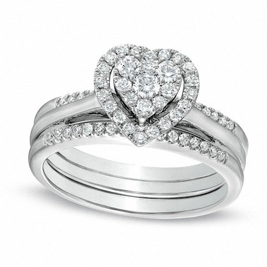 0.50 CT. T.W. Natural Diamond Cluster Heart Frame Bridal Engagement Ring Set in Solid 10K White Gold