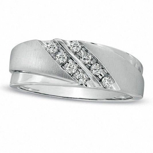 Men's 0.20 CT. T.W. Natural Diamond Grooved Wedding Band in Solid 10K White Gold