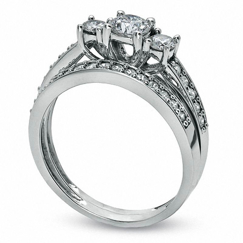 0.88 CT. T.W. Natural Diamond Three Stone Bridal Engagement Ring Set in Solid 10K White Gold