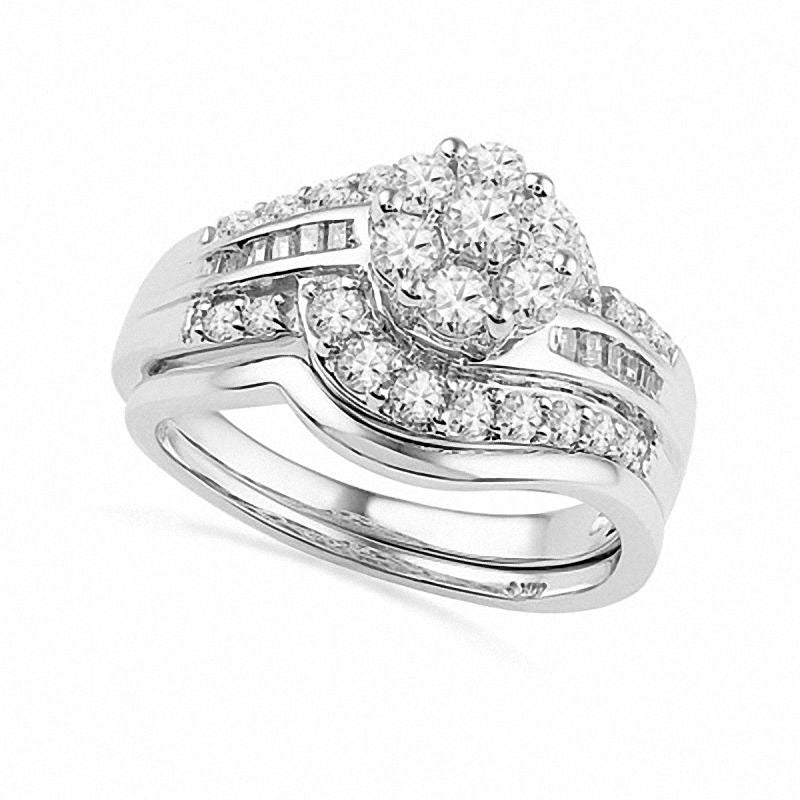 1.0 CT. T.W. Natural Diamond Cluster Bridal Engagement Ring Set in Solid 10K White Gold