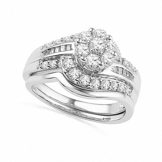 1.0 CT. T.W. Natural Diamond Cluster Bridal Engagement Ring Set in Solid 10K White Gold