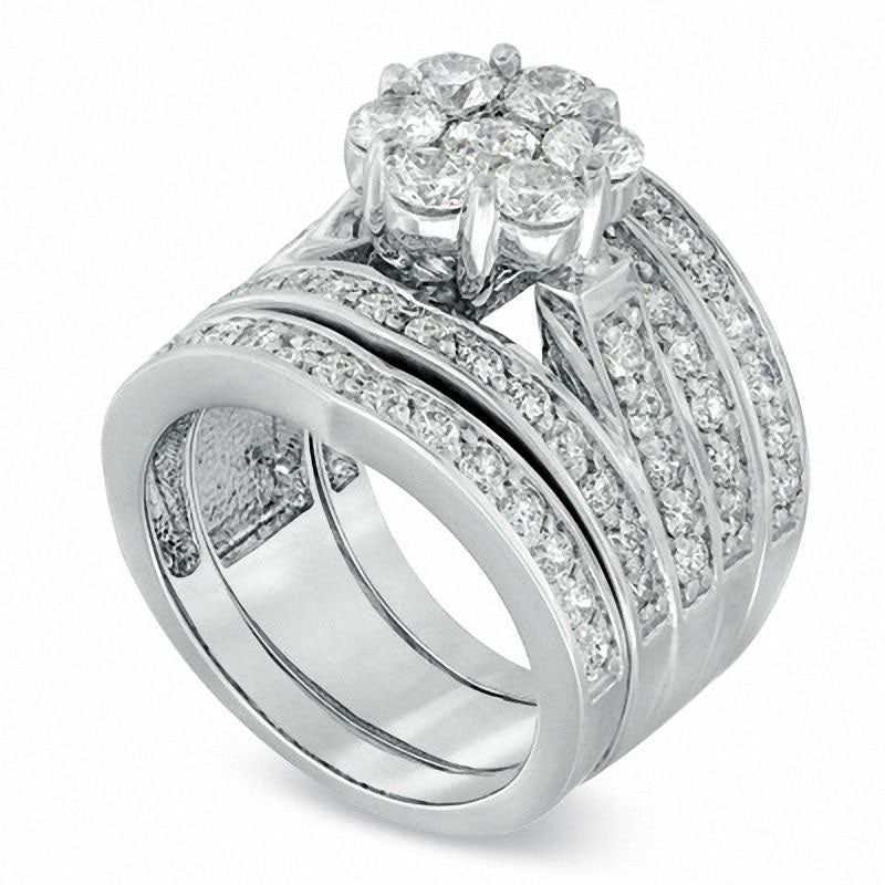 3.0 CT. T.W. Natural Diamond Cluster Multi-Row Three Piece Bridal Engagement Ring Set in Solid 14K White Gold