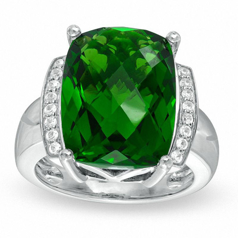 Cushion-Cut Simulated Peridot and Lab-Created White Sapphire Ring in Sterling Silver