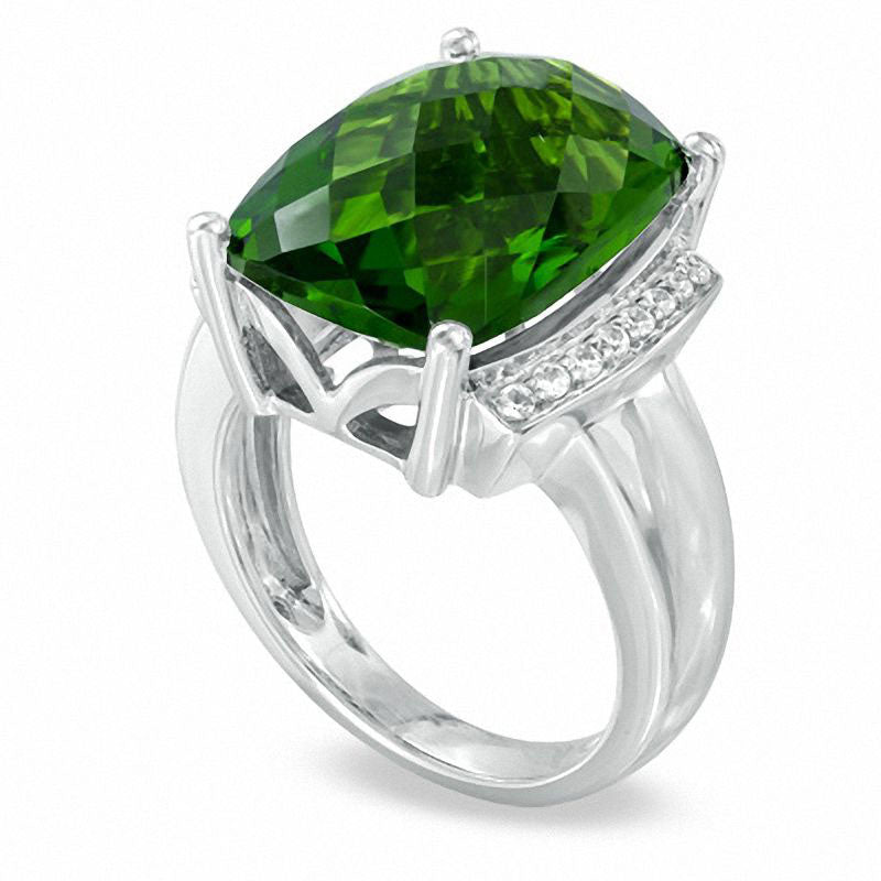 Cushion-Cut Simulated Peridot and Lab-Created White Sapphire Ring in Sterling Silver