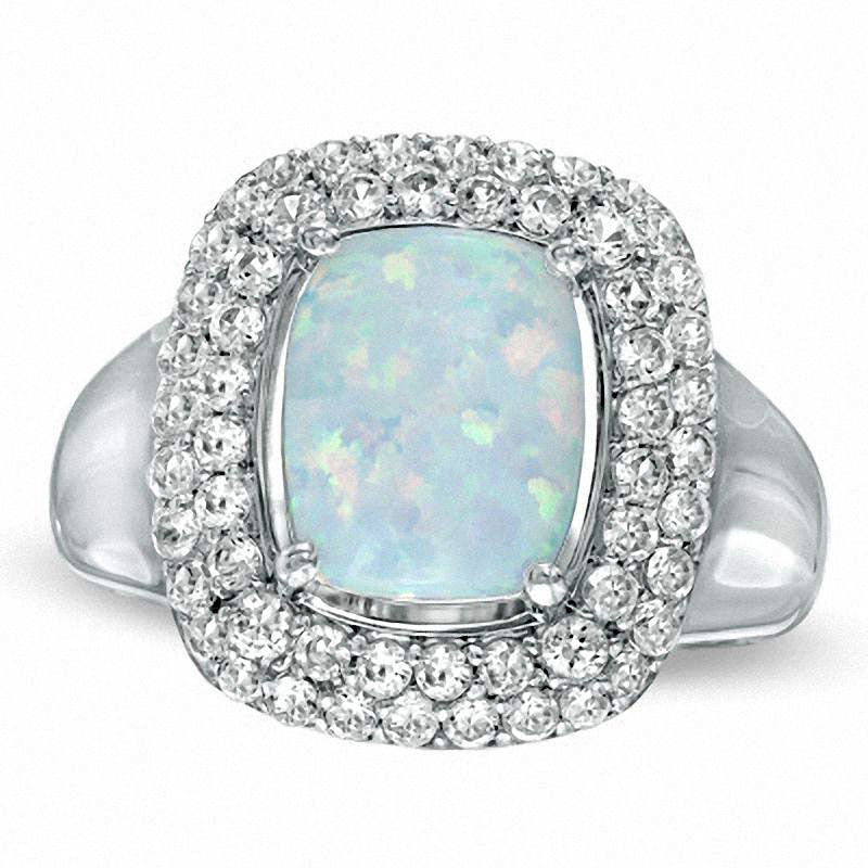 Cushion-Cut Lab-Created Opal and White Sapphire Ring in Sterling Silver