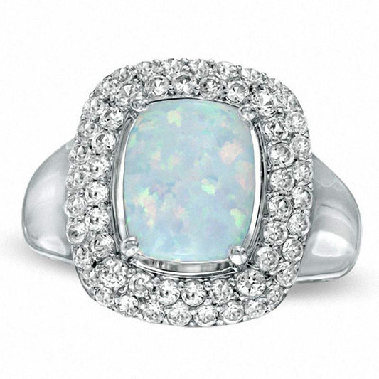 Cushion-Cut Lab-Created Opal and White Sapphire Ring in Sterling Silver