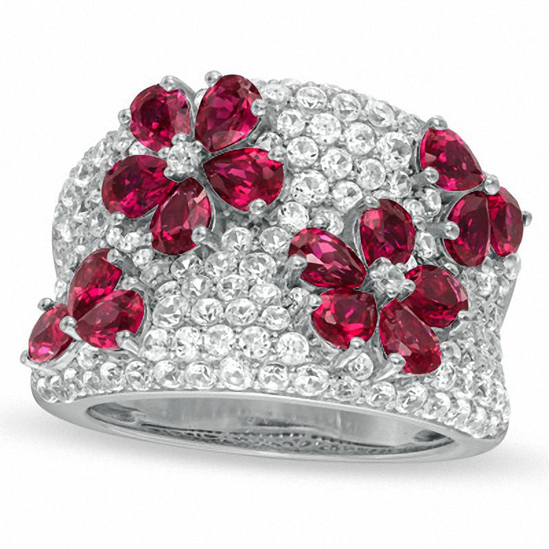 Pear-Shaped Lab-Created Ruby and White Sapphire Flower Band in Sterling Silver