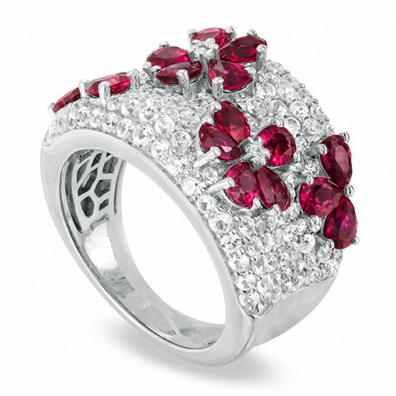 Pear-Shaped Lab-Created Ruby and White Sapphire Flower Band in Sterling Silver