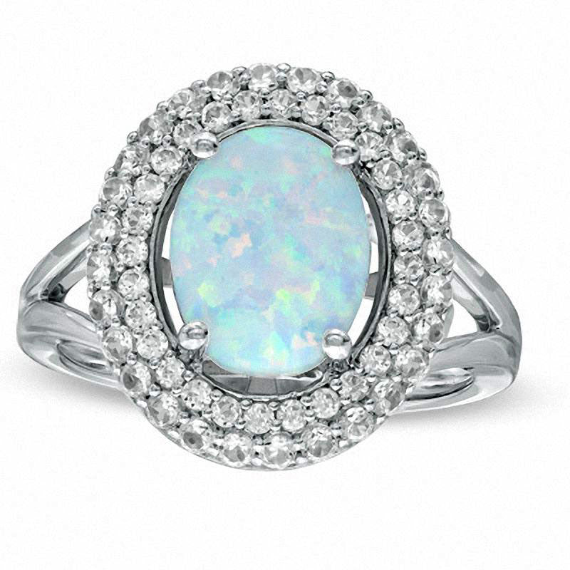 Oval Lab-Created Opal and White Sapphire Ring in Sterling Silver