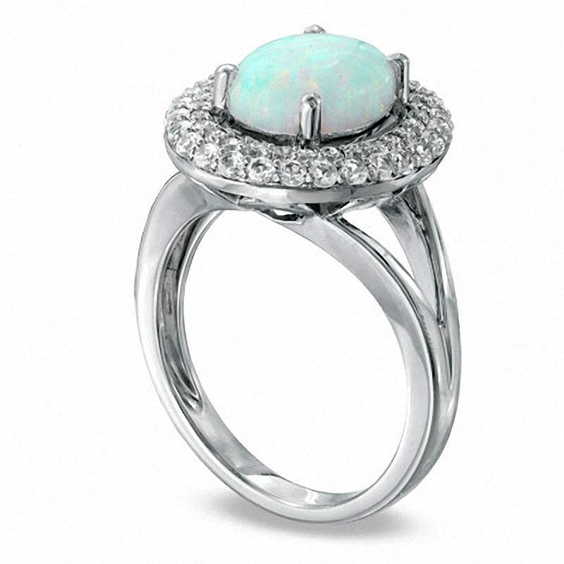 Oval Lab-Created Opal and White Sapphire Ring in Sterling Silver