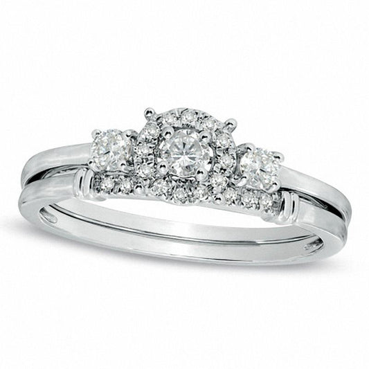 0.33 CT. T.W. Natural Diamond Three Stone Bridal Engagement Ring Set in Solid 14K White Gold