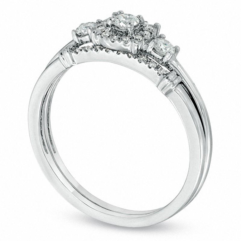 0.33 CT. T.W. Natural Diamond Three Stone Bridal Engagement Ring Set in Solid 14K White Gold