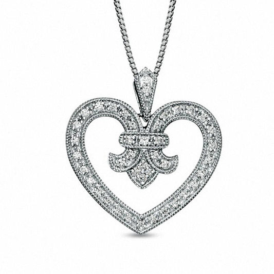 0.25 CT. T.W. Natural Diamond Fleur-de-Lis Antique Vintage-Style Heart Pendant in Sterling Silver