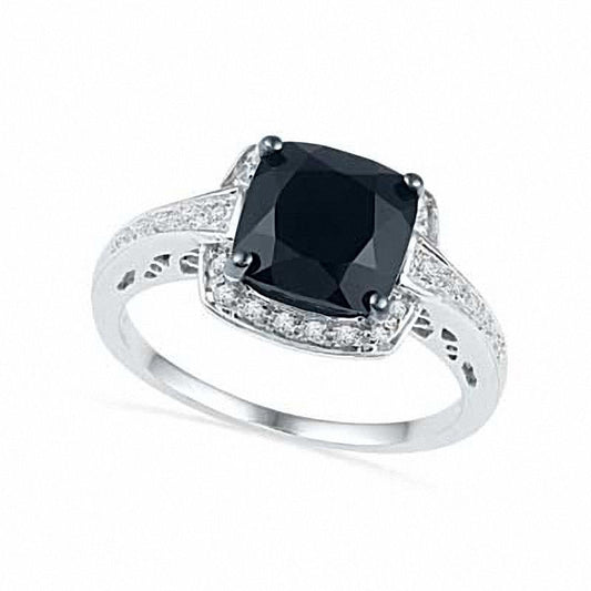 7.0mm Cushion-Cut Faceted Onyx and Natural Diamond Accent Frame Ring in Sterling Silver