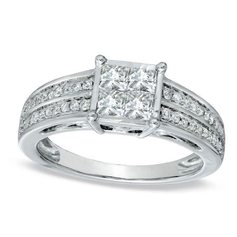 0.63 CT. T.W. Quad Princess-Cut Natural Diamond Double Row Engagement Ring in Solid 14K White Gold