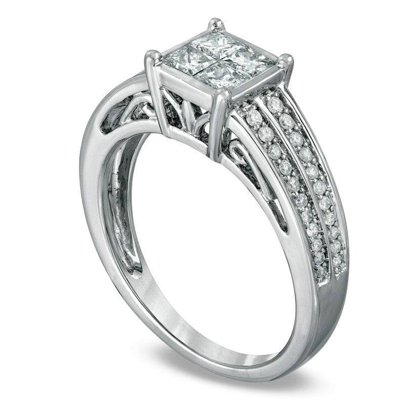 0.63 CT. T.W. Quad Princess-Cut Natural Diamond Double Row Engagement Ring in Solid 14K White Gold